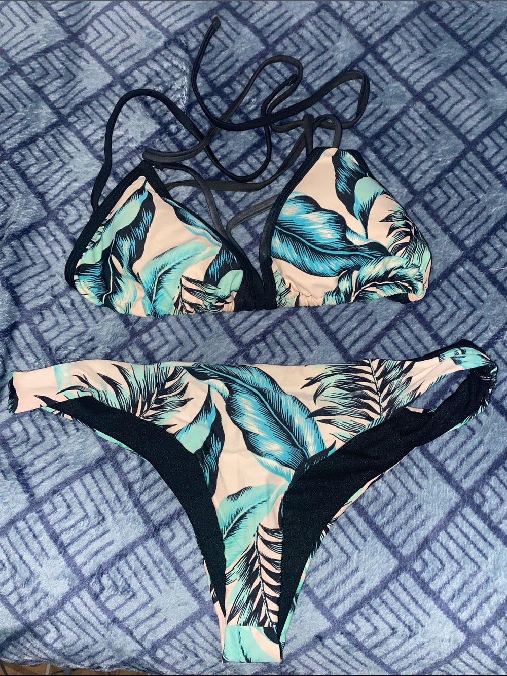 Leaf-Print Triangle Bikini Top and Briefs in Teal and Blush